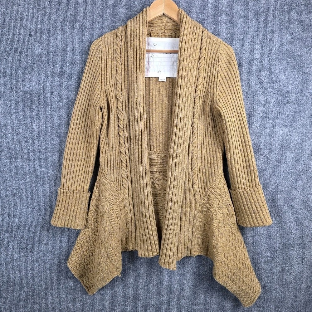 Anthropologie‎ Cardigan Sweater S Wool Asymmetrical Mustard Boho Fall Chunky